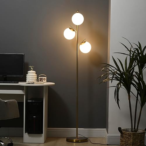 HOMCOM Lámpara de pie moderna de 3 luces para sala de estar lámpara de pie de árbol para dormitorio con pantallas de globo base de acero bonita
