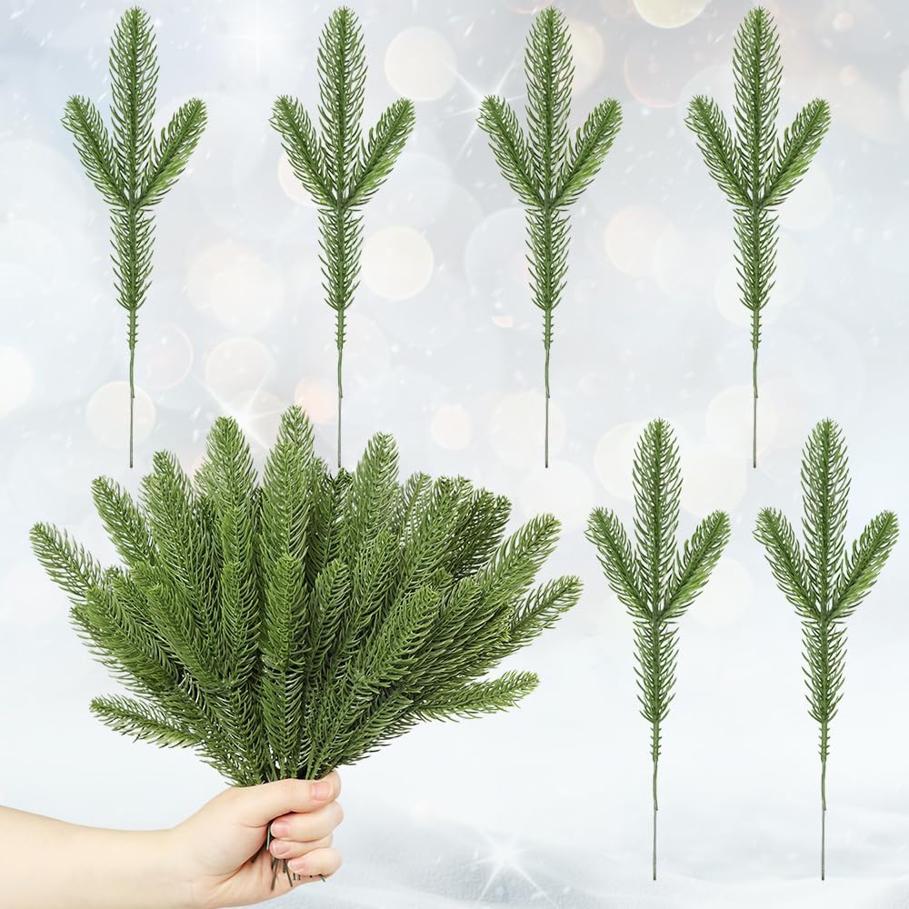 Cekene 60PCS Artificial Plants Pine Needles Branches Fake Green Pine Picks Plastic Christmas Pine Stems Faux Greenery Plants for Garland Wreath Christmas Thanksgiving Winter Home Garden