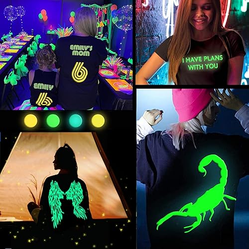 Miniatura 4 de Souarts 4 hojas de vinilo de transferencia de calor 3D HTV que brilla en la oscuridad, vinilo HTV luminoso HTV de 10 x 12 pulgadas para camisetas