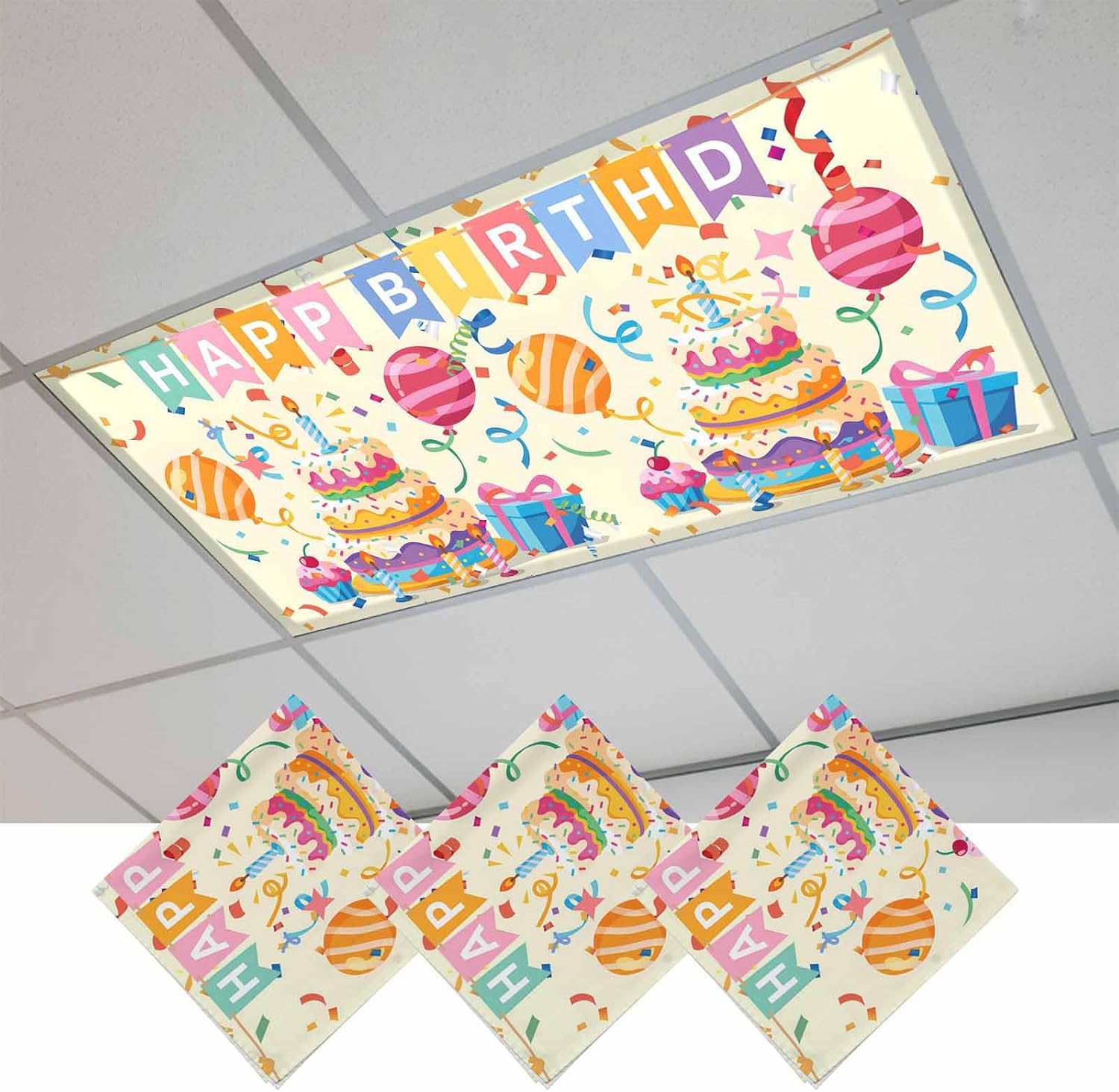 Happy Birthday Fluorescent Light Covers Ribbon Cake Gift Balloon Modern Style Magnetic Light Filters Ceiling Lighting Panel Shade for Classroom Office Home 2 x 4 ft, 3 Pack