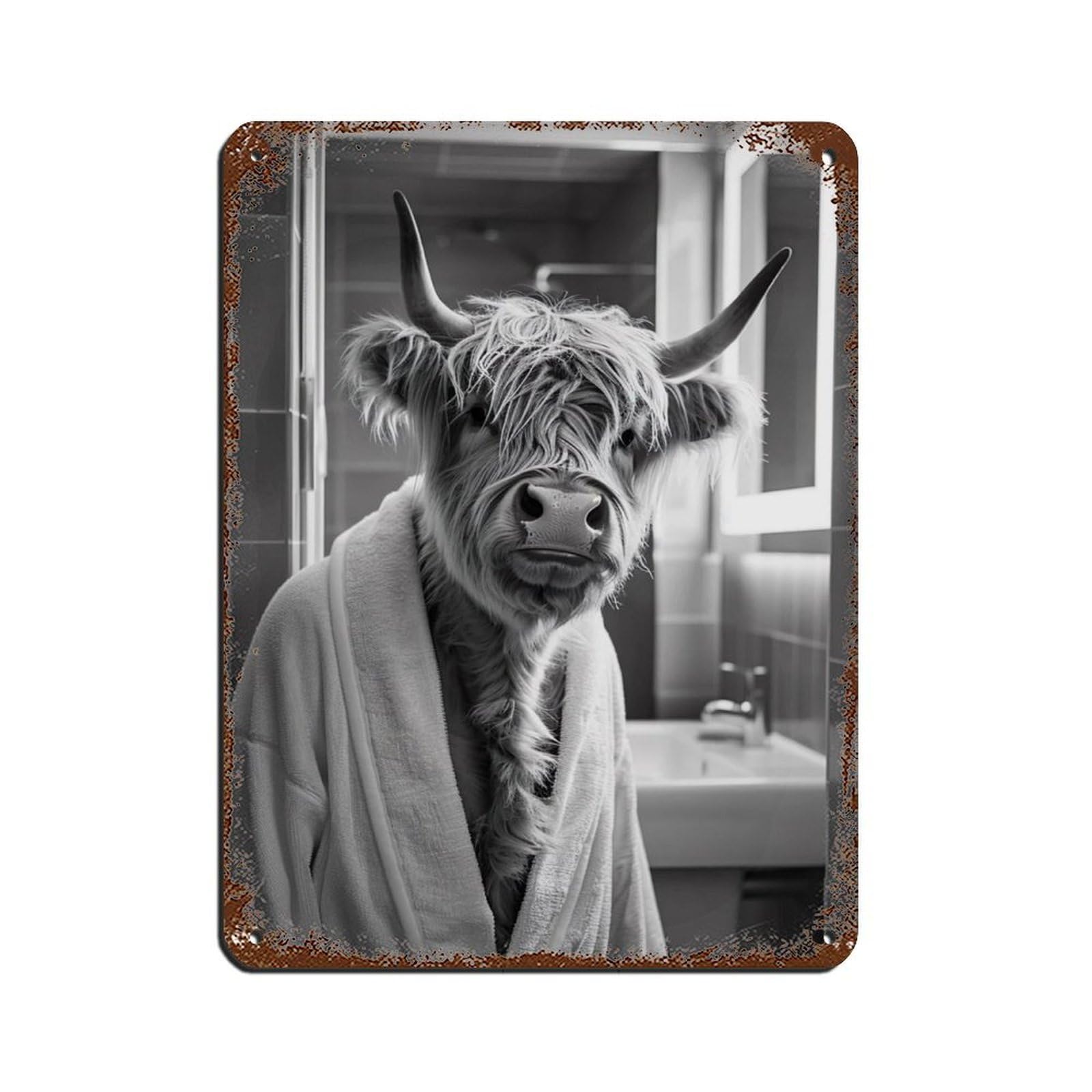 Highland Cow in A Bathrobe, Funny Bathroom Art (2) Tin Sign Vintage Metal Pub Club Cafe Bar Home Wall Art Decoration Poster Retro 12x16inch(30x40cm)