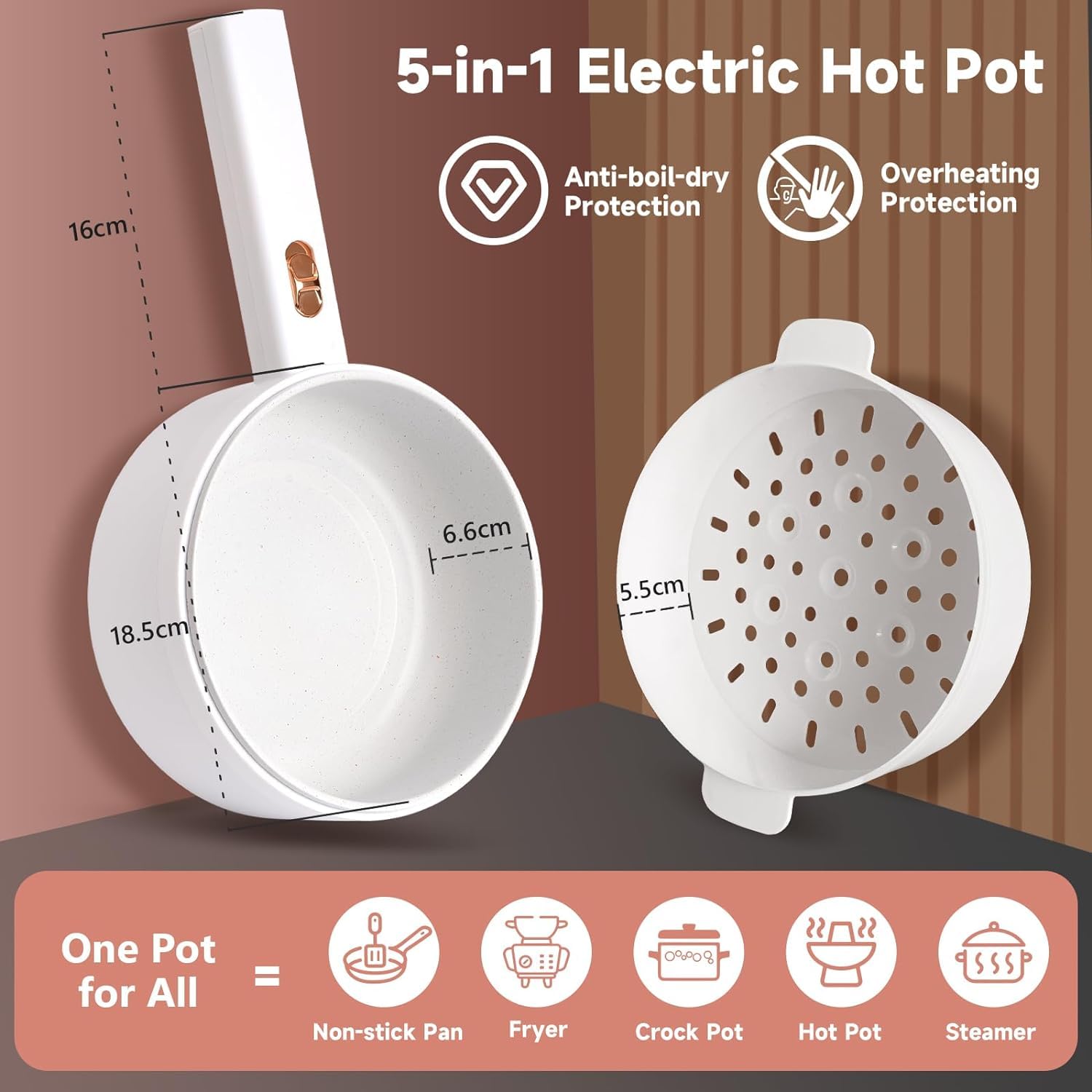 Nardea 1.6L Mini Hot Pot Electric with Steamer, 700W Electric Pot Self Heating Ramen Cooker,Portable Non-Stick Frying Pan for Cooking Steak,Dorm Room Essentials