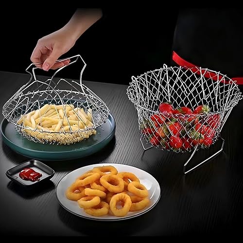 Miniatura 4 de Cesta coladora de malla de acero inoxidable para freír, plegable, colador de alimentos fritos para freír, cocer al vapor, colar, enjuagar (9.1 x 9.1