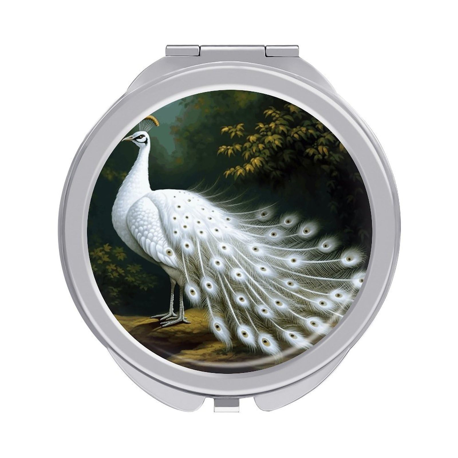 JTREHY White Peacock Makeup Mirror Portable Folding Mirror Compact Travel Mirrors 2-Sided Round Pocket Mirrors Cute Handheld Beauty Mirror for Handbag Purse for Women Gift