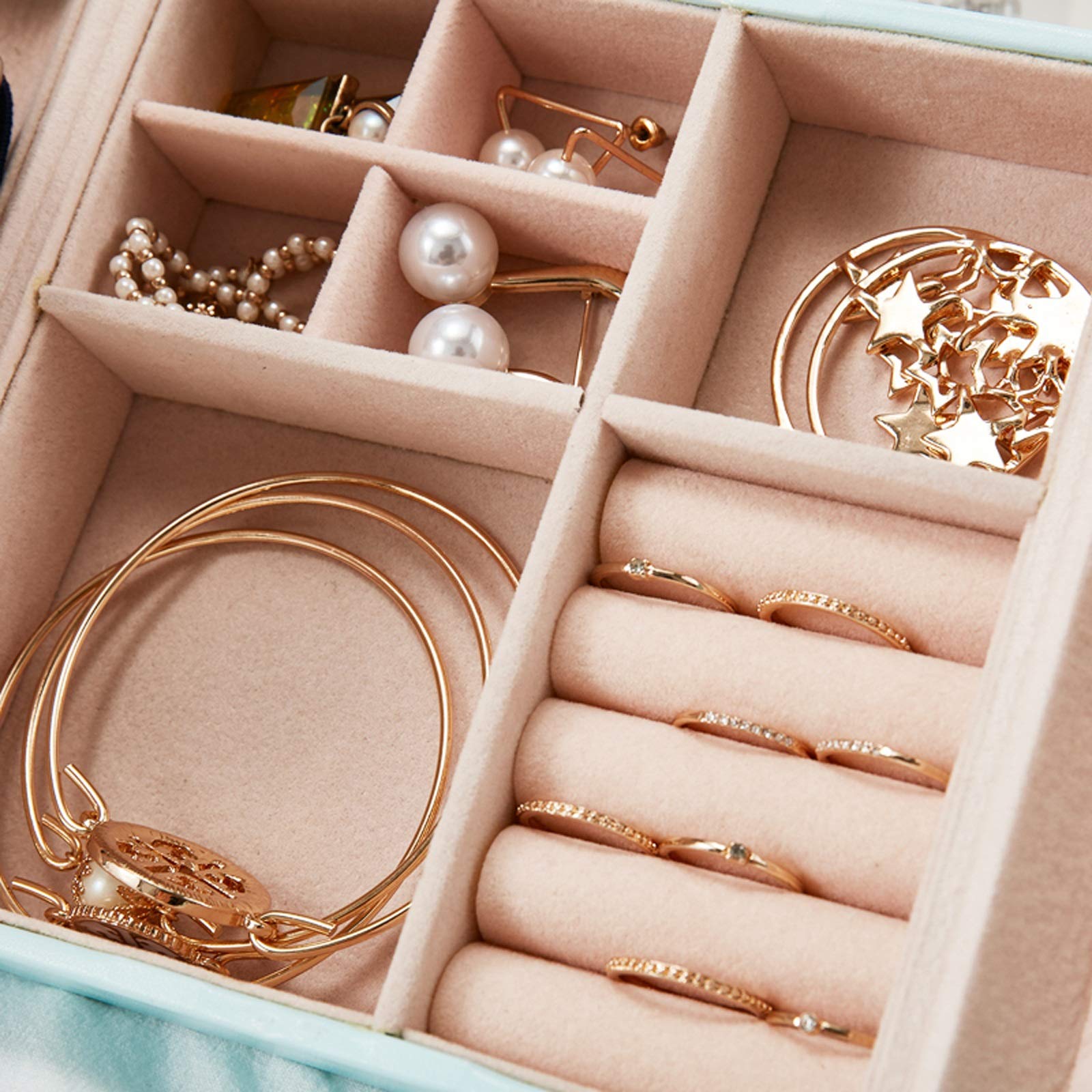 LLXYWJ Organizador de joyas Caja de joyería pequeña Caja de joyería de viaje Caja de joyería portátil Organizador de joyas de cuero sintético de PU Caja de almacenamiento de joyas para mujeres y niñas
