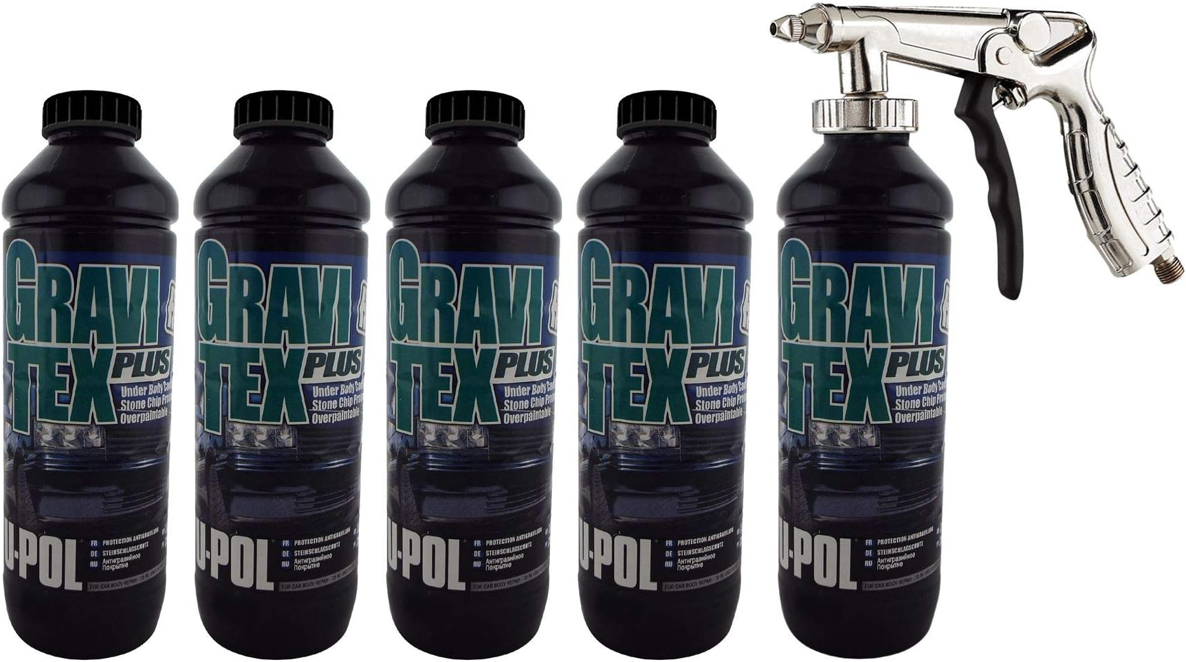 GravitexUPol Stone Chip Protector Black 1 Litre X 5 Chassis Protection + Air Application Gun