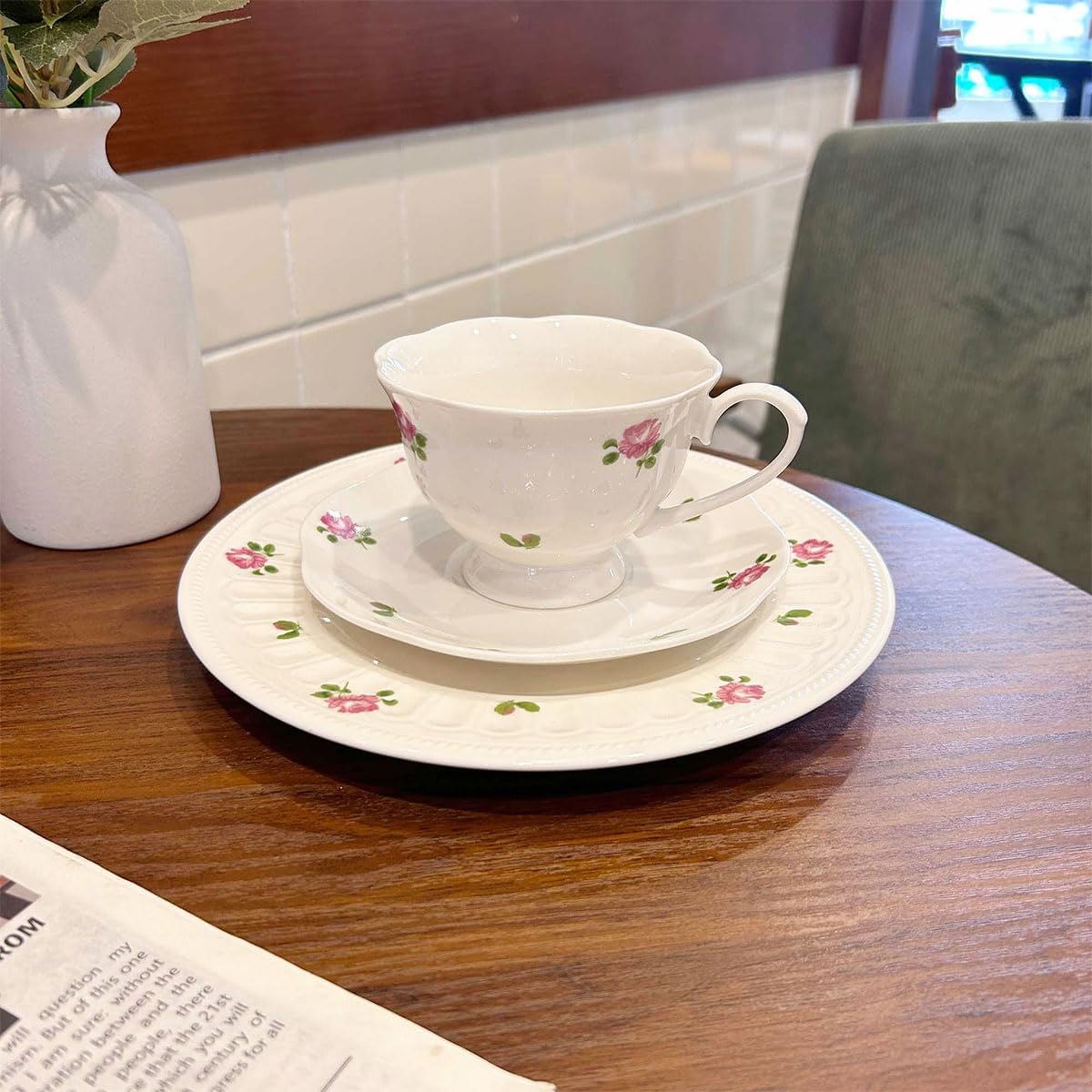 Tea Cup and Saucer Set with Blue Flowers，6.76 oz Ceramic Coffee Cup，Latte Mug (pink)