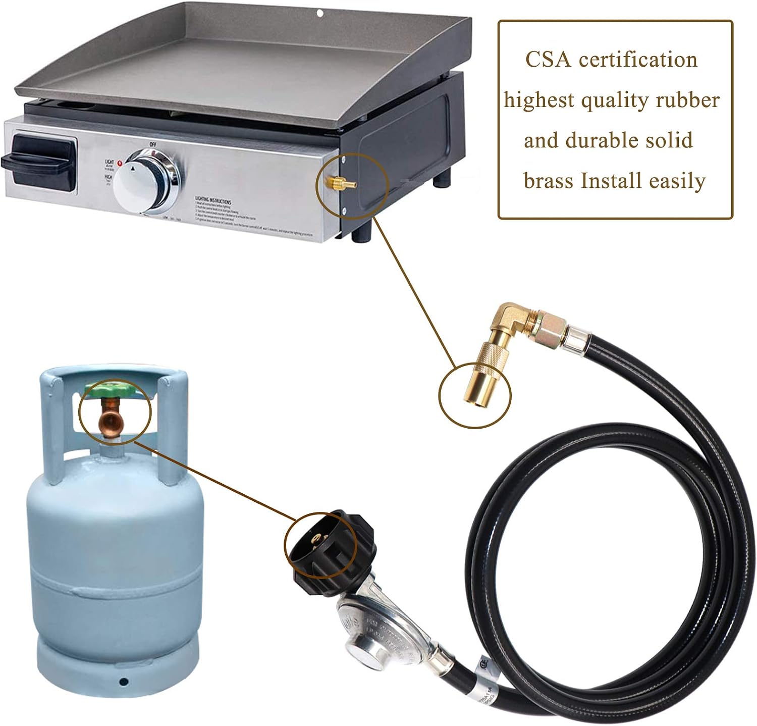 5 Feet Low Pressure Propane Regulator Hose,QCC1 Universal Grill Regulator Replacement Parts with 90 Degree Elbow Adaptor for 17" and 22" Blackstone Tabletop Camper Grill