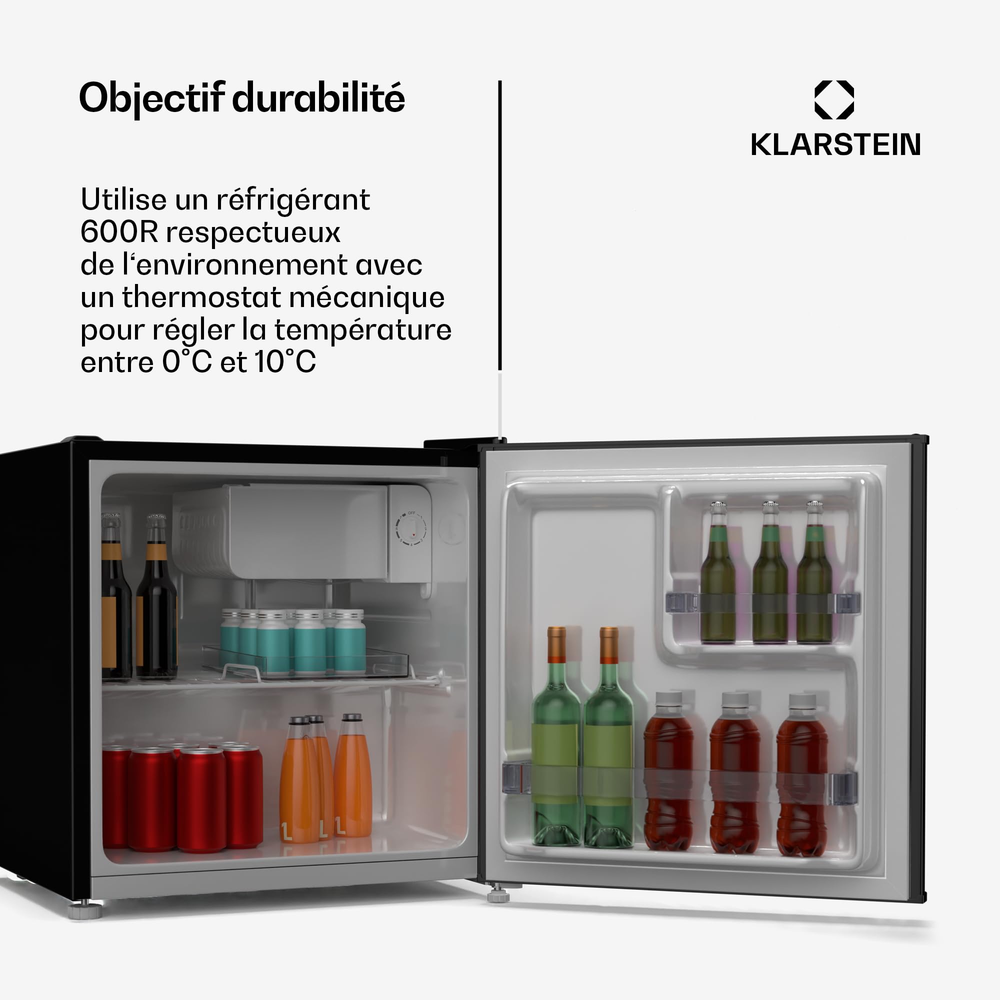 KLARSTEIN Irene 46 L Mini réfrigérateur rétro - Silencieux 37 dB, Thermostat réglable, Petit réfrigérateur de chambre, Économe en Énergie, Noir