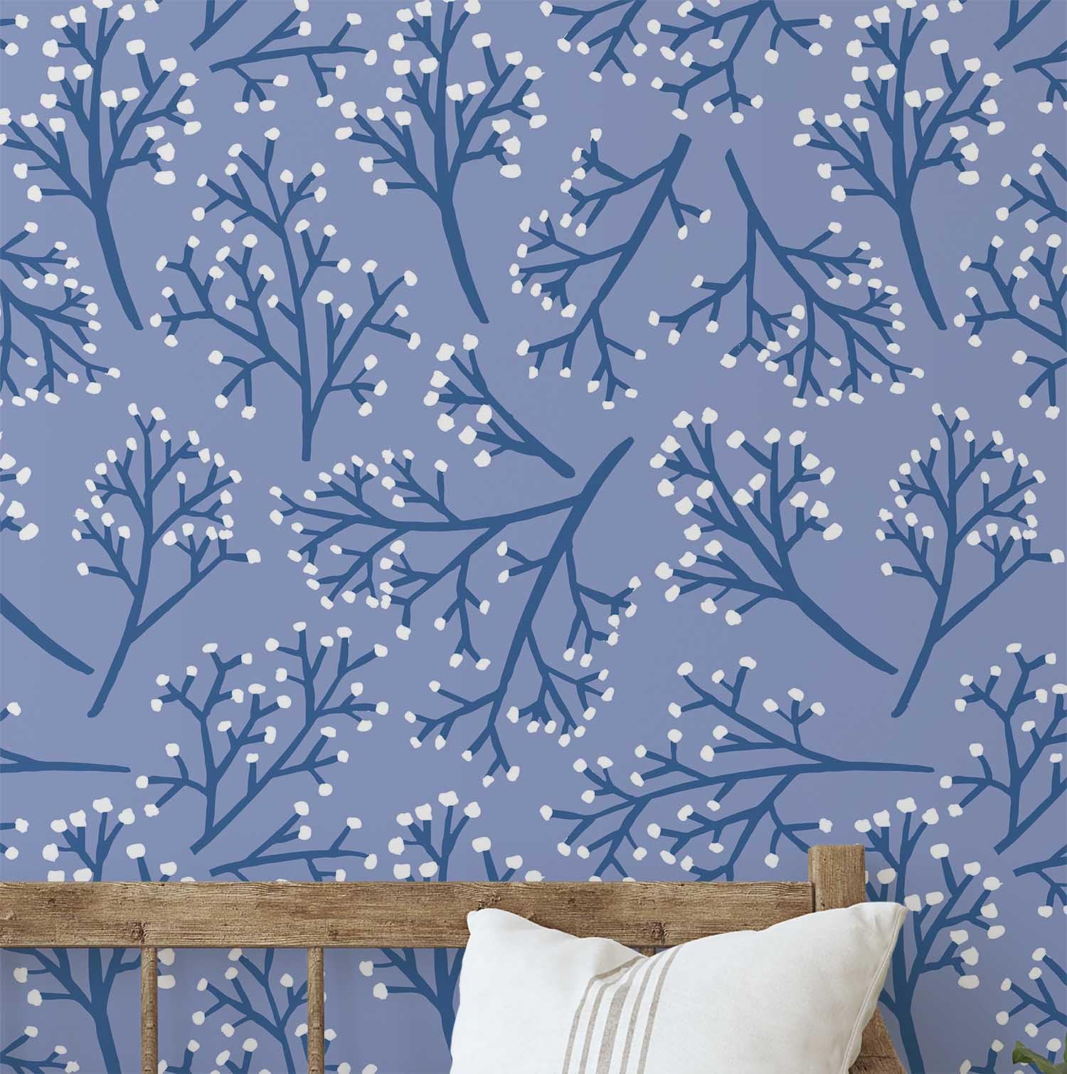 Papier peint autocollant en vinyle imperméable bleu à motif de brindilles botaniques 63x304 cm