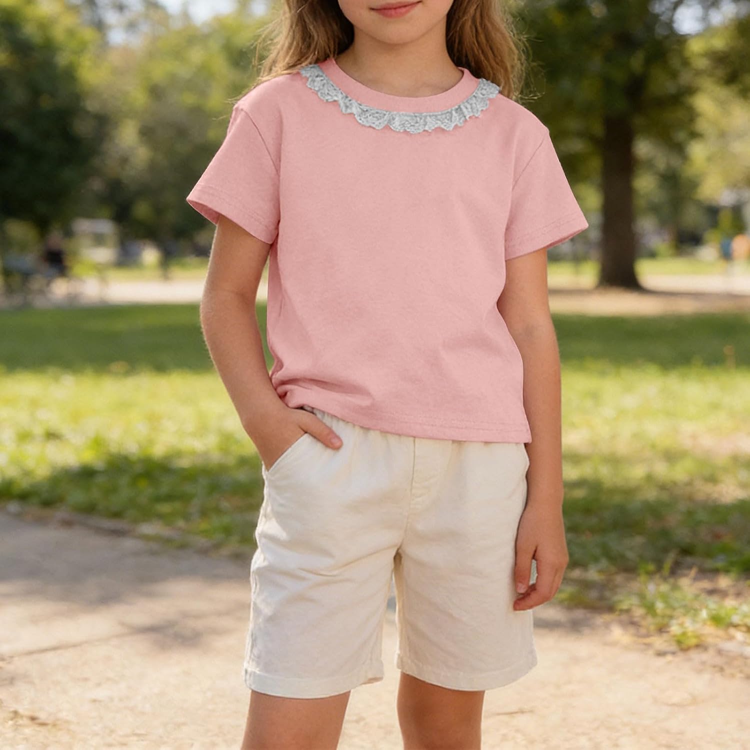 Girls Summer Shirts Crewneck Short Sleeve Blouse with Ruffled Tirm Solid Color Loose Fit Tops Cotton Cute Tee