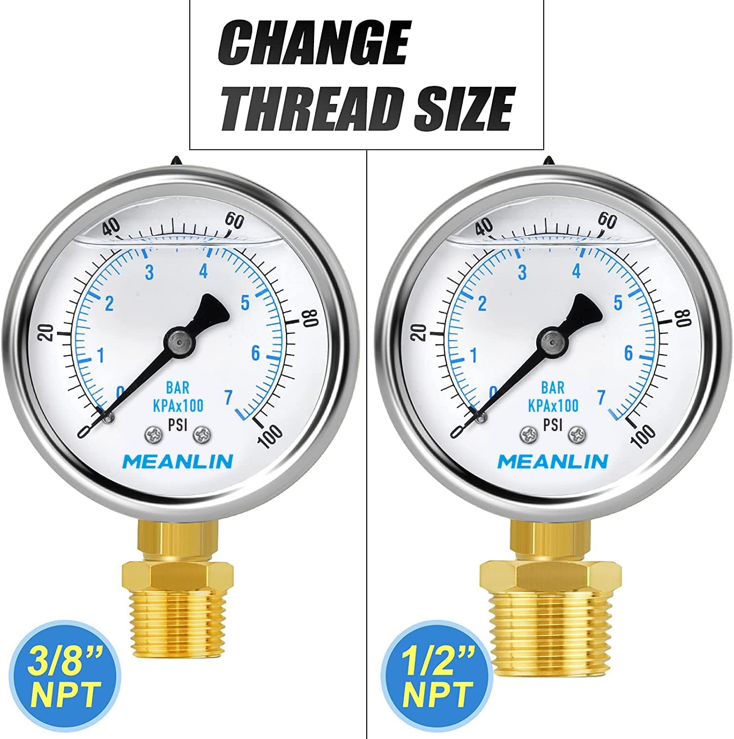 MEANLIN MEASURE 0~100Psi Stainless Steel 1/4" NPT 2.5" FACE DIAL Liquid Filled Pressure Gauge WOG Water Oil Gas Lower Mount : Industrial & Scientific
