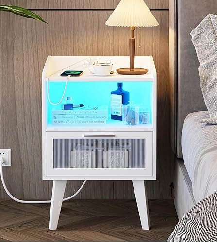 Miniatura 5 de VIMBER Mesita de noche con LED ajustable y cajón Desighed para dormitorio, mesa auxiliar con estación de carga, mesa auxiliar con compartimento