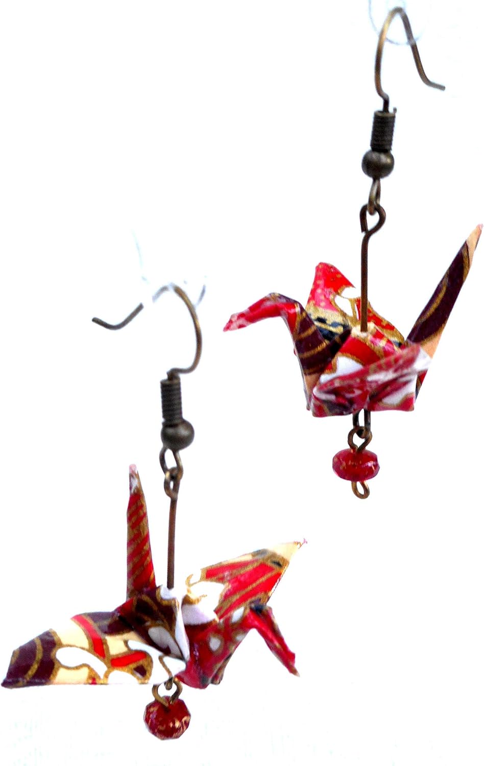 Origami Good Luck Paper Crane Earrings, Red Cream w/Czech Glass Bead, Birthday 1st Anniversary Birthday Gift
