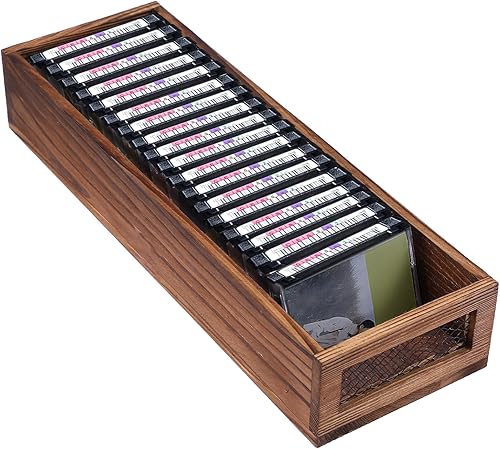 Miniatura 5 de 2 piezas de almacenamiento de cinta de casete de madera con malla de alambre de metal, torre de casete estilo granja, estante organizador para