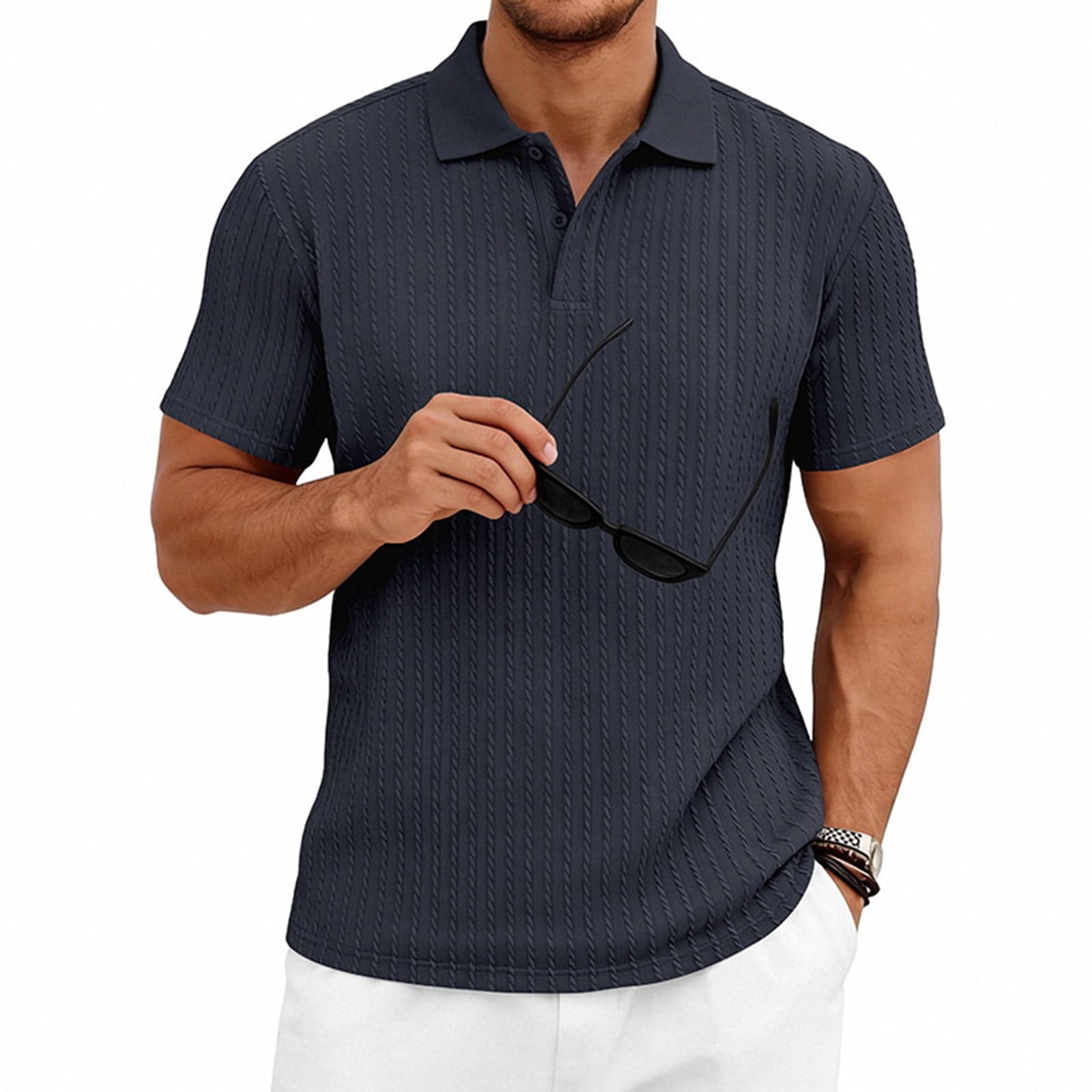Polo Homme Texturé à Rayures Verticales Col Rabattu Boutonné Manches Courtes Été Confortable Coupe Ajustée Séchage Rapide pour Style Urbain et Décontracté