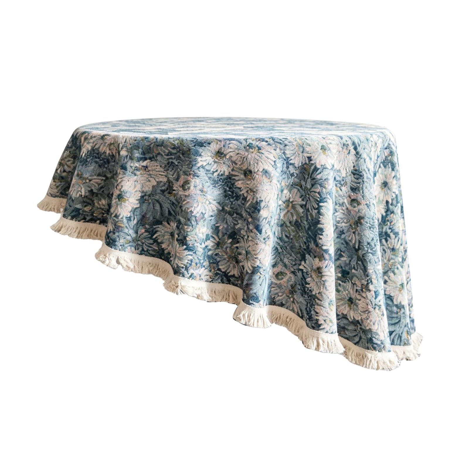 Tsophreniq Romantics Flower Print Polyester Cotton Round Tablecloth with Tassels Trim Dining Table Cover for Dinner Parties Decors Home Dinner Decoration