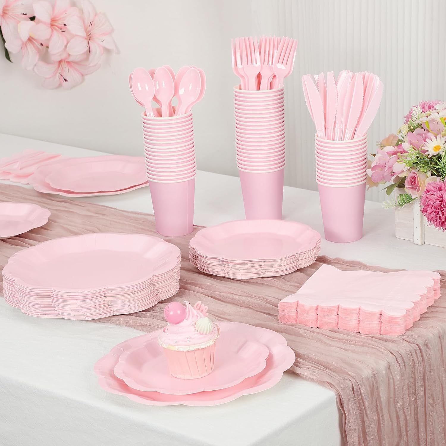 175 Pcs Pink Plates and Napkins Set, 25 Guest Pink Party Supplies Include Scalloped Plate Napkin Cup Forks Knives Valentine's Day Plastic Cutlery for Anniversay Wedding Baby Shower Birthday Party - Image 5