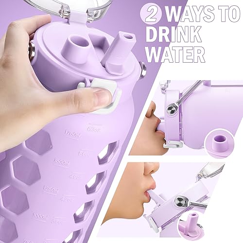 Miniatura 5 de MUKOKO Botellas de agua de vidrio de 64 onzas con popote y tapa, botella de agua de medio galón con marcador de tiempo, jarra de agua de vidrio