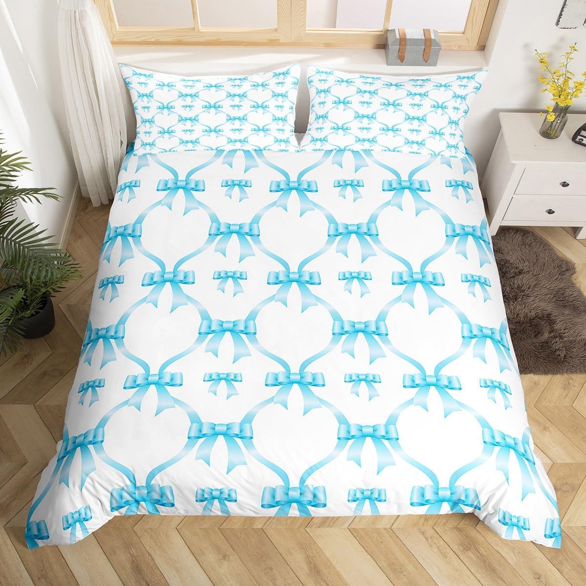 Feelyou Bowknot Comforter Cover Toddler Size Bow Tie Butterfly Knot Princes Bedding Set Cartoon Watercolor Blue Duvet Cover