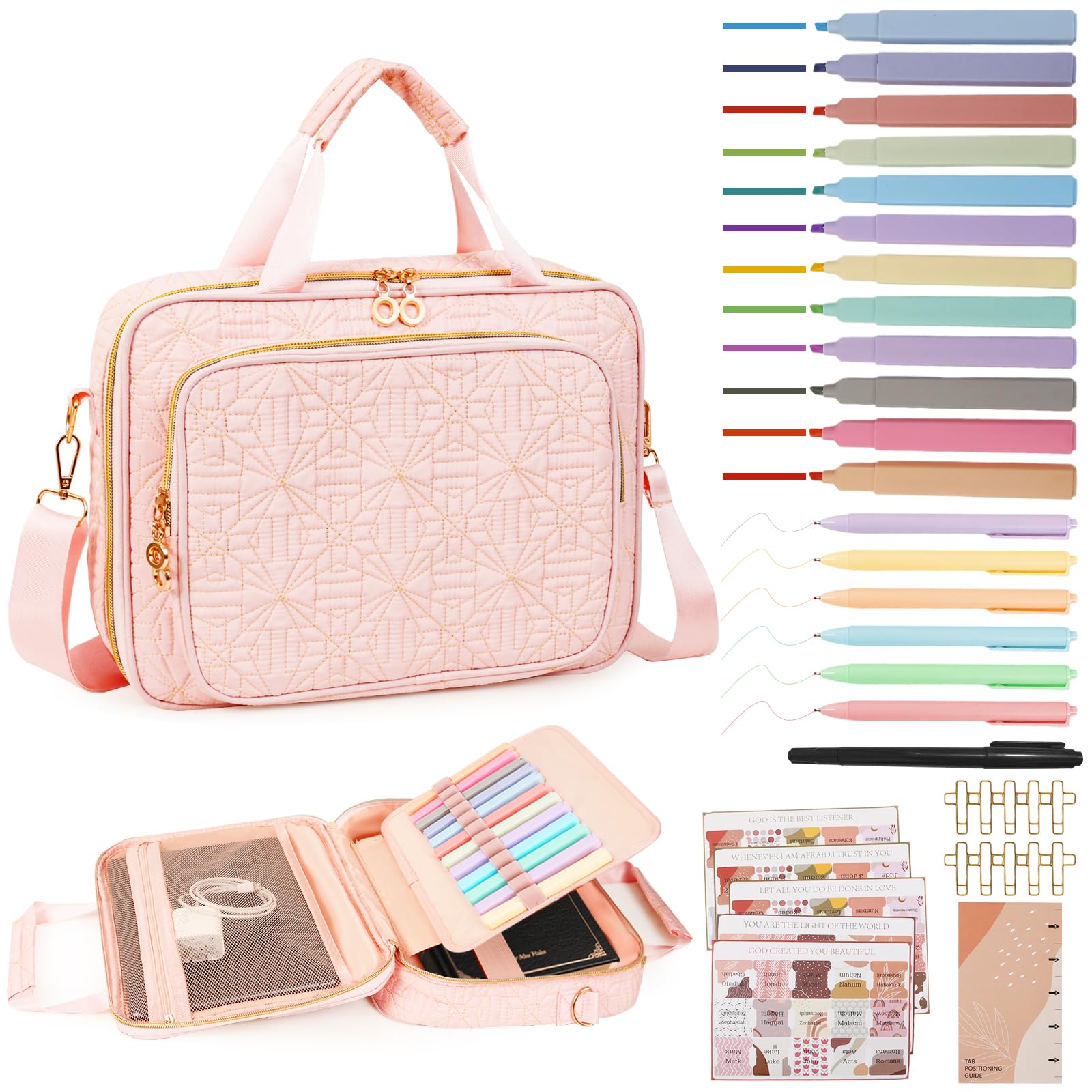 Bible Cover Case for Women Bible Study Kit with Highlighters Tabs, Large Bible Bag with Annotation Kit, Bible Carrying Case for Women with Shoulder