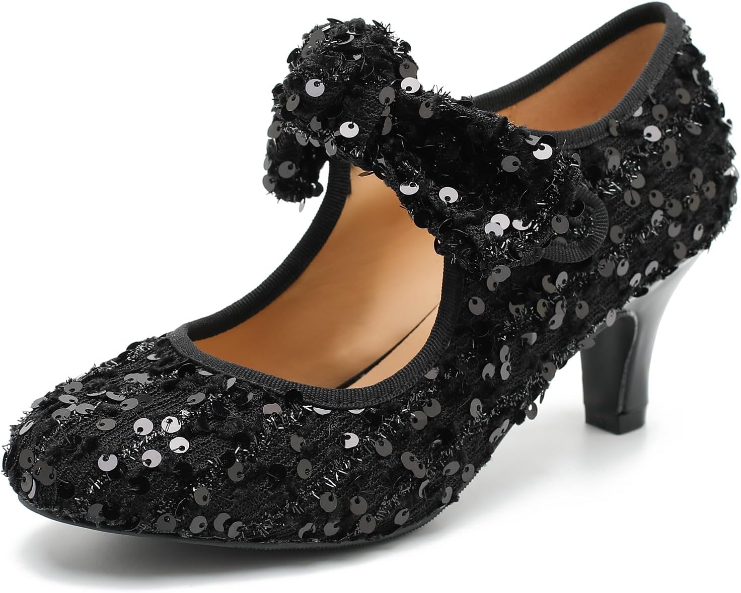 LIURUIJIA Women's Low Kitten Heels with Bow Mary Jane Sequin Pumps Comfortable Vintage Dance Wedding Dress Shoes