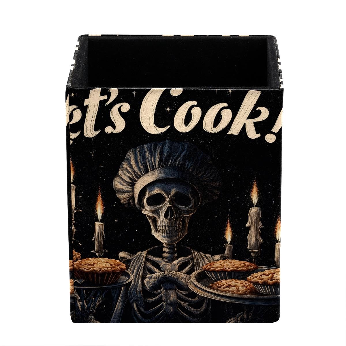 HEOEH Gothic Skeleton Pen Holder Pen Pot, Square Pencil Cup for Desk