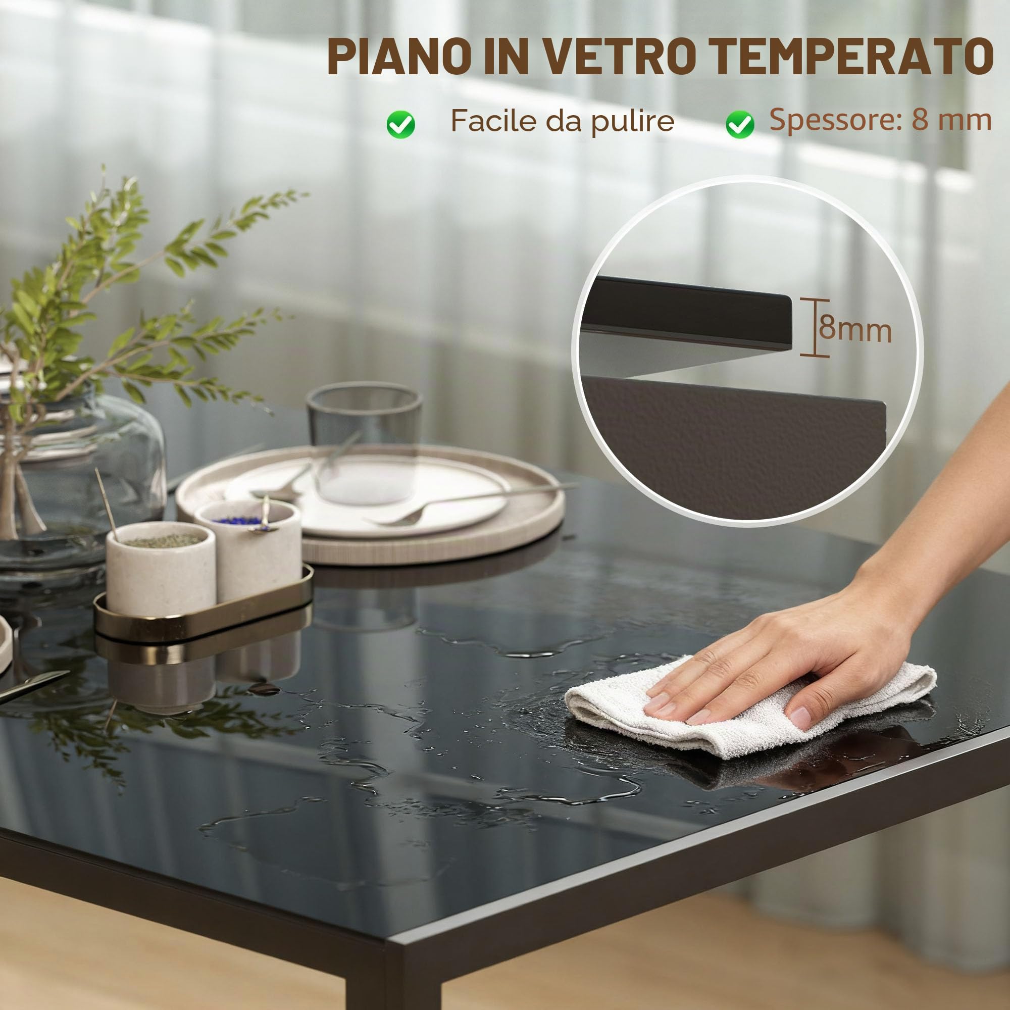 HOMCOM Tavolo da pranzo in vetro, tavolo rettangolare per 6 persone con gambe in metallo, per cucina, soggiorno, 140 x 80 x 75 cm, nero