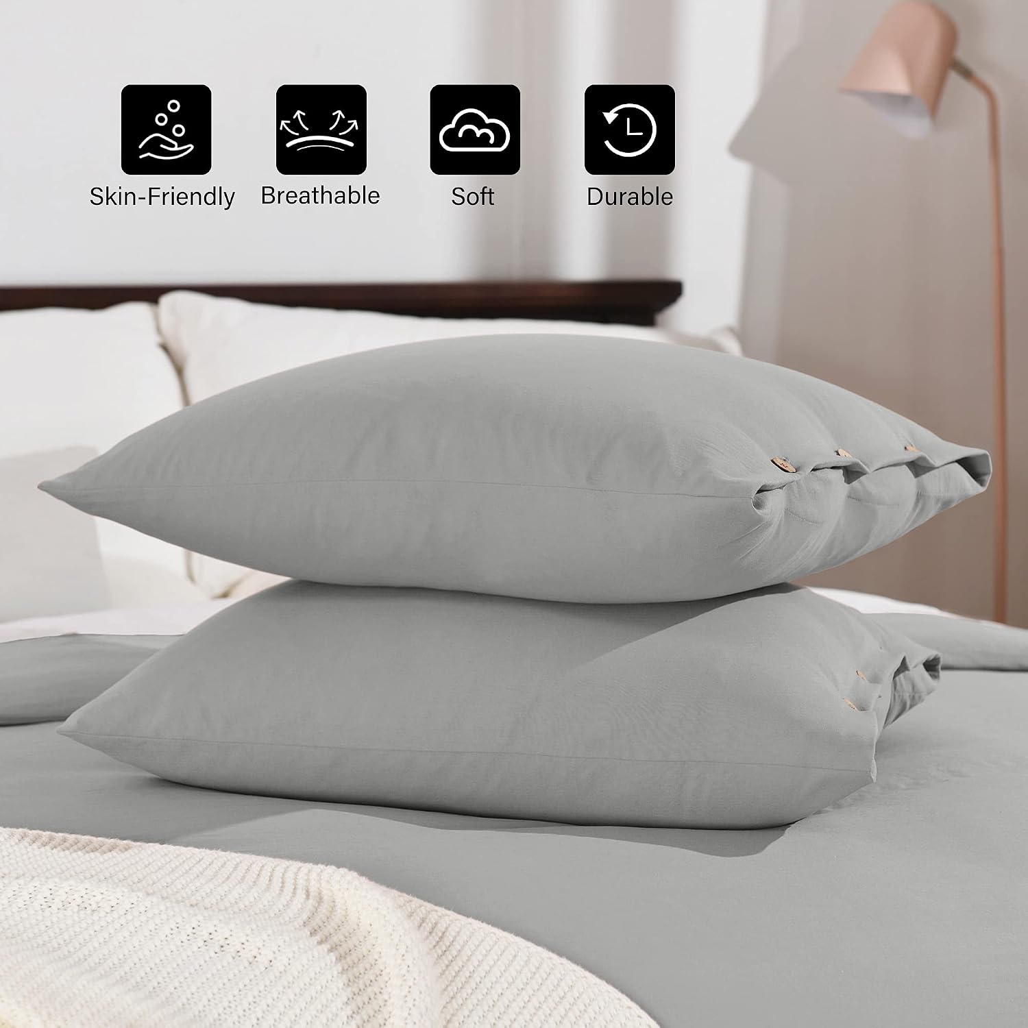 Basic Beyond Duvet Cover Twin Size, Washed Microfiber Grey Duvet Cover Set with Coconut Button Closure - 2 Pieces (1 Duvet Cover & 1 Pillowcase)