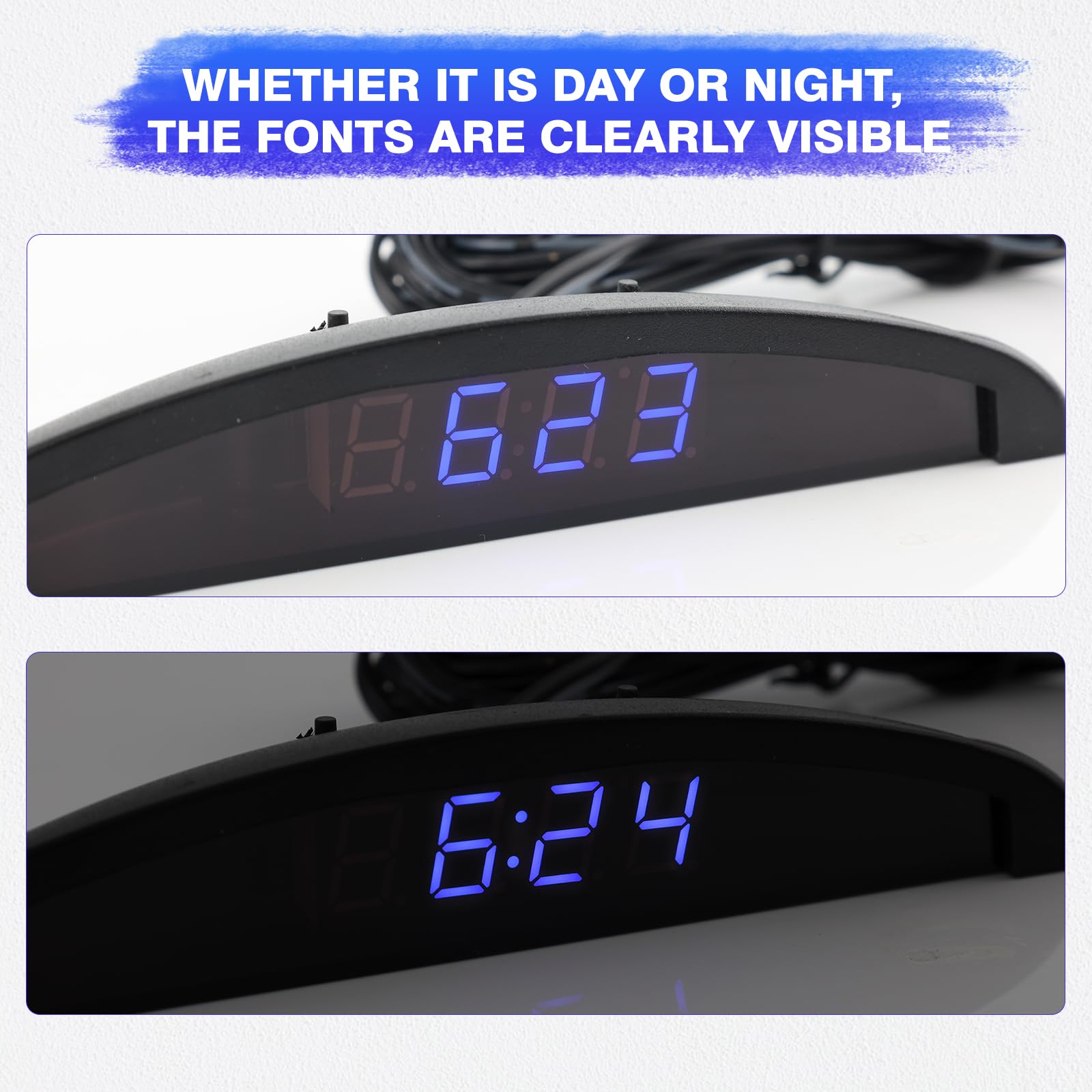 Riloer Orologio temperatura auto, Universal Auto Cruscotto Orologio Digitale Termometro Tensione con Display LCD per Interni Auto, Blu