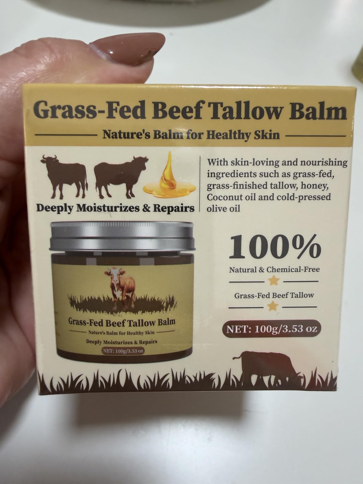 Oebitor Beef Tallow for Skin, Tallow and Honey Balm, Facial Moisturizer Cream, 100% Organic Grass Fed Whipped Beef Tallow Balm Deeply Moisturizing for Face & Body, Suitable For All Skin Types(3.53oz)