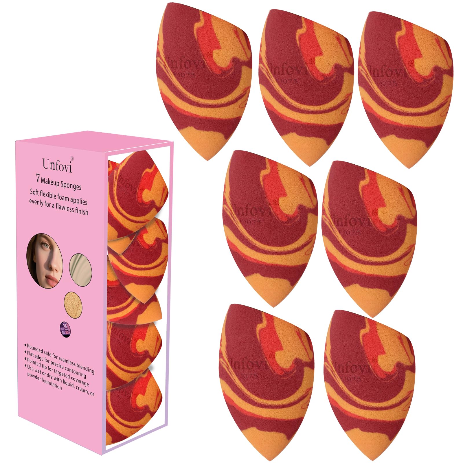 Unfovi Tri-Color Makeup Sponge – Latex-Free Angled Beauty Blender for Contouring, Foundation & Airbrushed Finish, Ultra-Soft Reusable Face Sponge (Burgundy+Red+Orange)