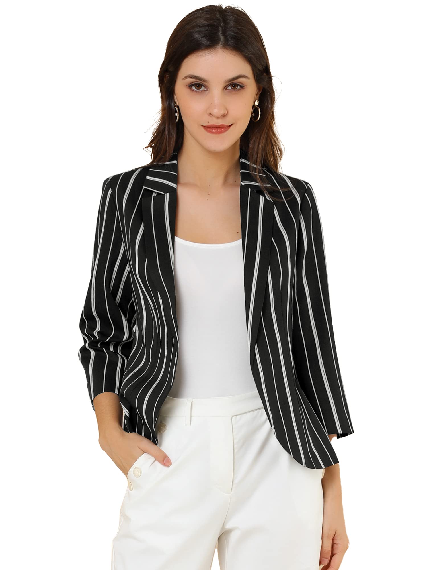 Blazer rayé à manches 3/4 ouvert devant et revers cranté femme veste - 7