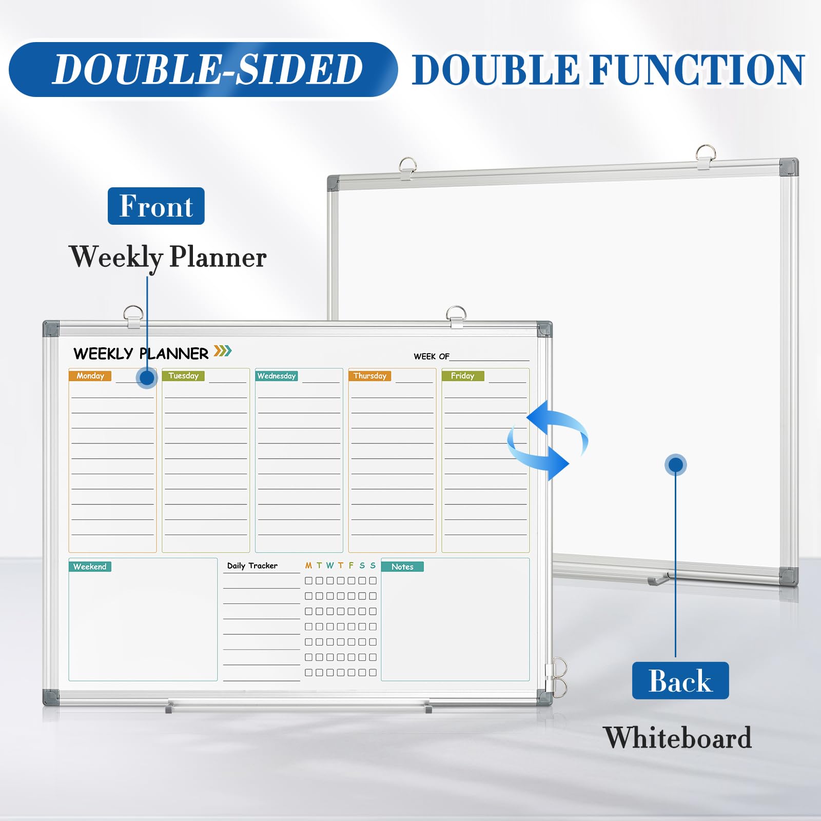 WALGLASS Calendrier hebdomadaire effaçable à sec pour mur, 61 x 45,7 cm, planificateur hebdomadaire double face avec notes, suivi quotidien, cadre en aluminium à suspendre et support mural pour la