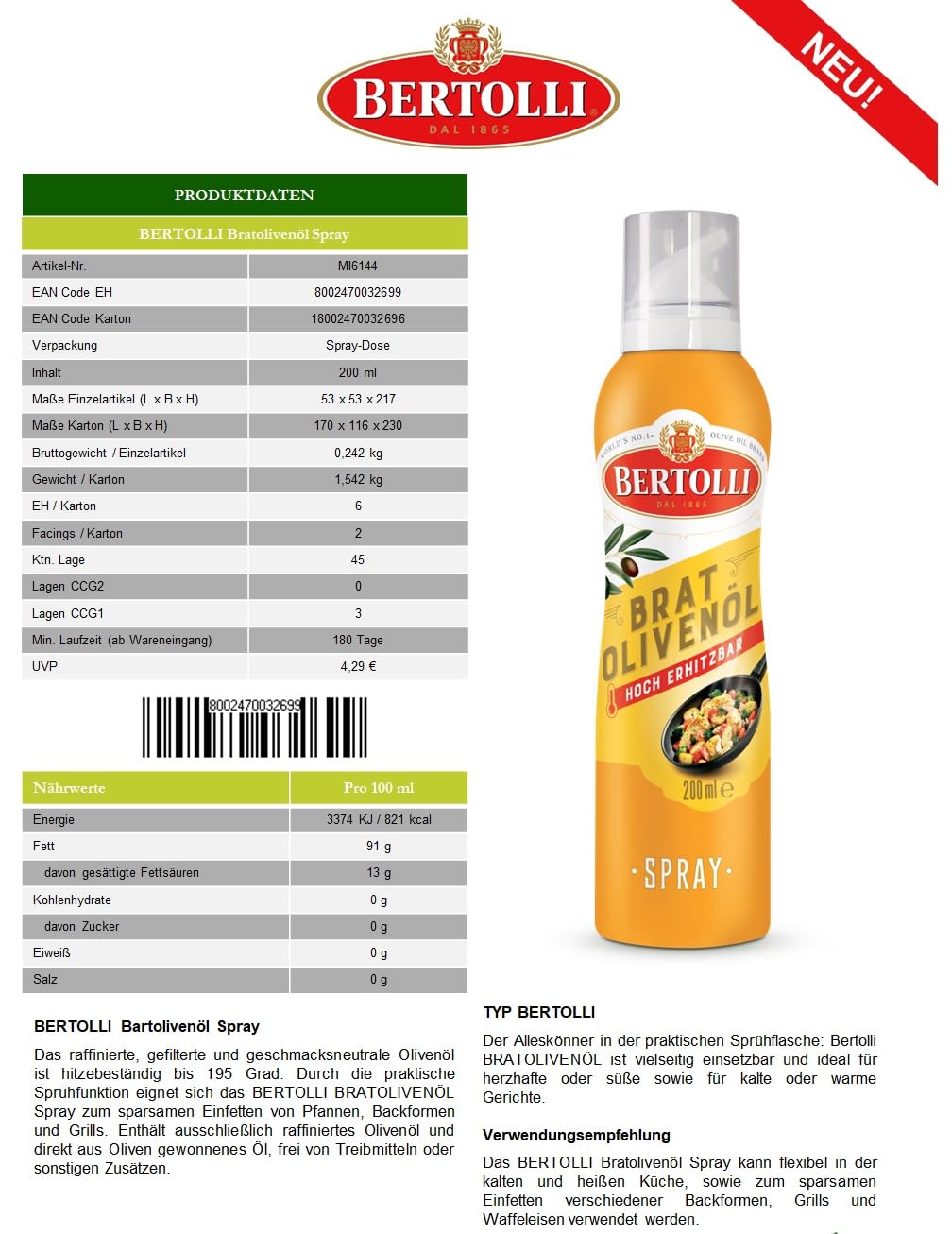 Bertolli Olivenöl Spray Set Olio Di Oliva Cucina 200ml + Olio Di Oliva Extra Vergine Originale 200ml (2 x 200ml)