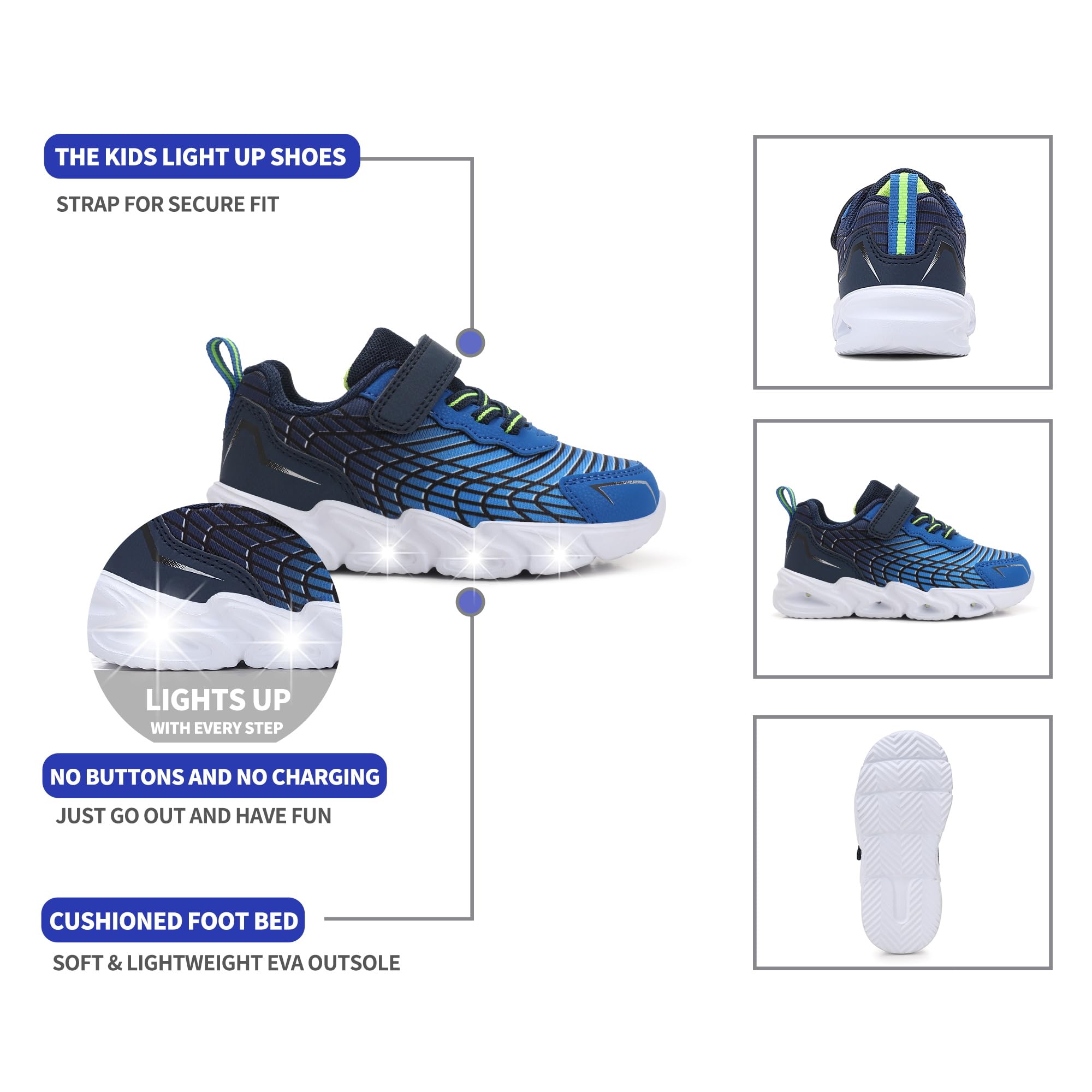 Scarpe da ginnastica leggere e traspiranti con luce a LED, con cinturino regolabile per bambini/bambini piccoli