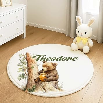 Personalized Nursery Baby Rug with Name, Bear Round Floor Rug for Boys, Soft Crawling Mat for Nursery Bedroom Decor