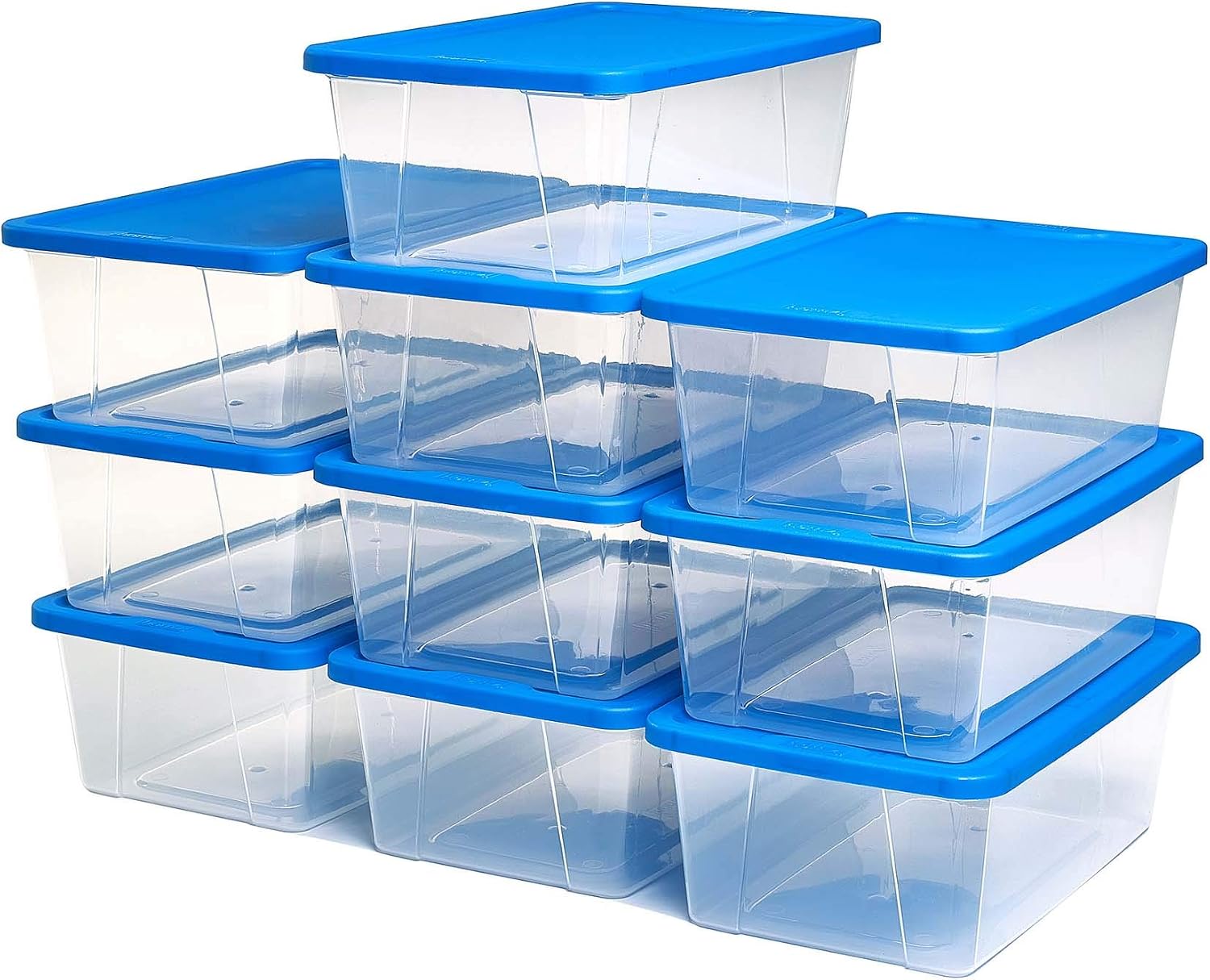 HOMZ Snaplock Clear Plastic Bin 6 Qt./1.5 Gallon | Storage Tote with Secure Lid | for Home, Office, Garage, Dorm Room Organizer | Stackable & Nestable | Blue Lid, Pack of 10
