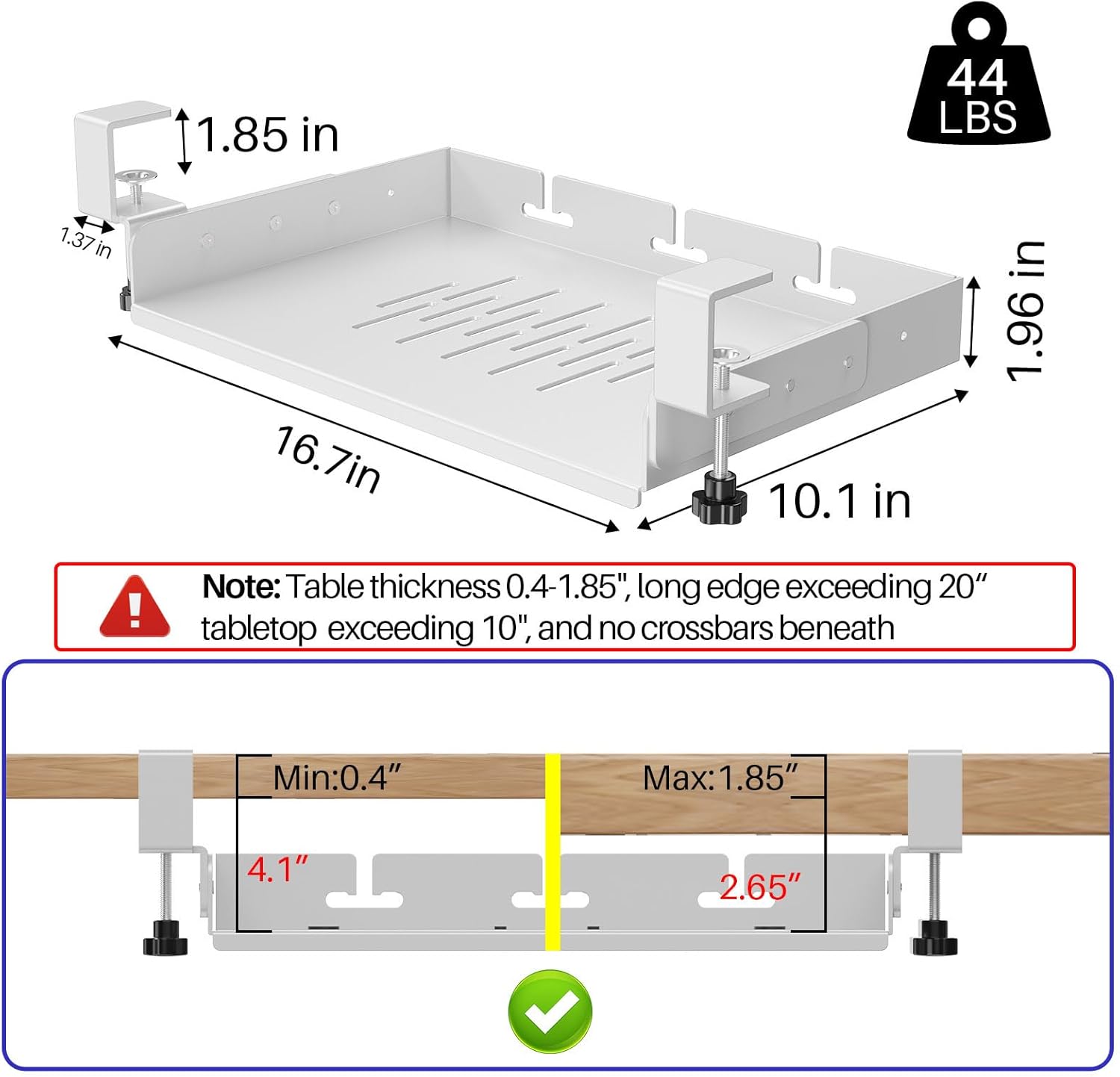 BYMECOST No Drill Under Desk Storage Shelf, Metal Under Desk Drawer Organizer with Clamp, Mount Under Desk Shelf Adds Tray, Desk Drawer for Office Desks, Table, Gaming Desk, Workstations (White)