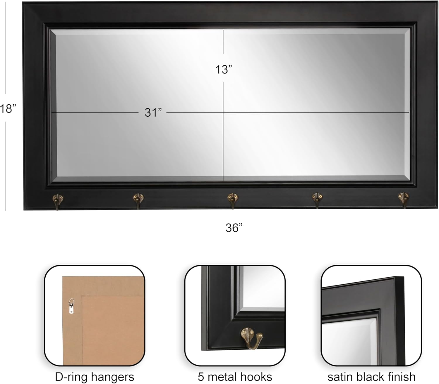 DesignOvation Kate and Laurel Pub Mirrors with 5 Metal Hooks, Black