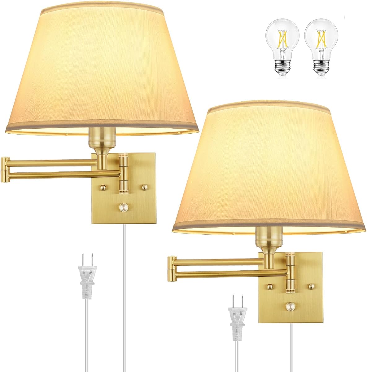 Dimmable Wall Sconce Plug in, Brushed Brass Wall Sconces Set of 2 Swing Arm Wall Lights with Plug in Cord and Dimmer On/Off Knob Switch, 11.8" Large White Fabric Shade(2 LED Bulbs Included)