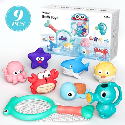 Vista 6 de Juguetes de baño sin moho para niños pequeños, juguetes de bañera sin agujeros con animales de mar, regadera de caballito de mar, red de pesca