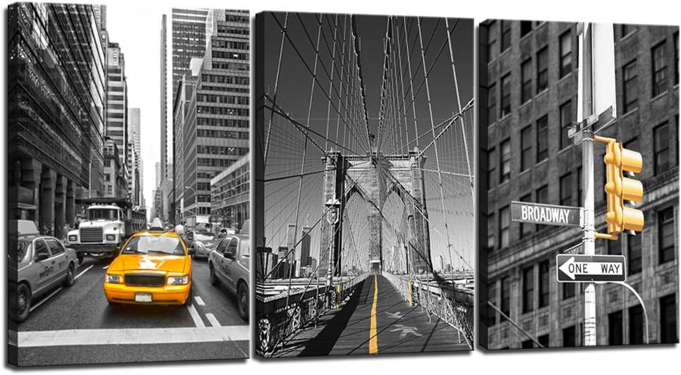 sechars - Black and Yellow New York City Wall Art Brooklyn Bridge Picture Photo Canvas Print Art Modern Home Office Wall Decoration