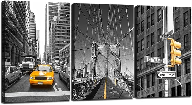 sechars - Black and Yellow New York City Wall Art Brooklyn Bridge Picture Photo Canvas Print Art Modern Home Office Wall Decoration