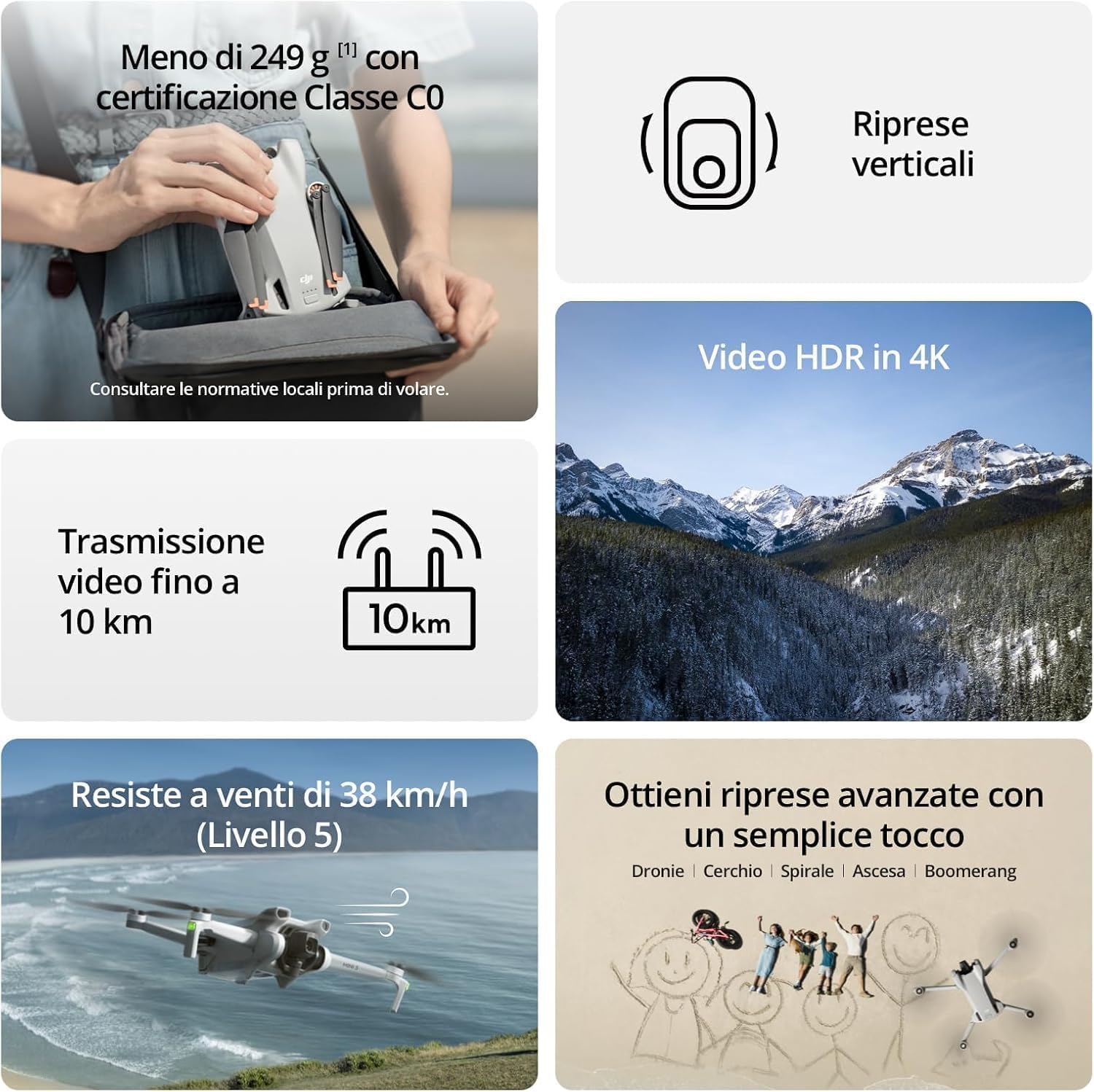 DJI Mini 3 – Mini drone con fotocamera leggero e pieghevole con video in 4K HDR, autonomia di 38 minuti, Riprese verticali native e funzioni intelligenti, C0