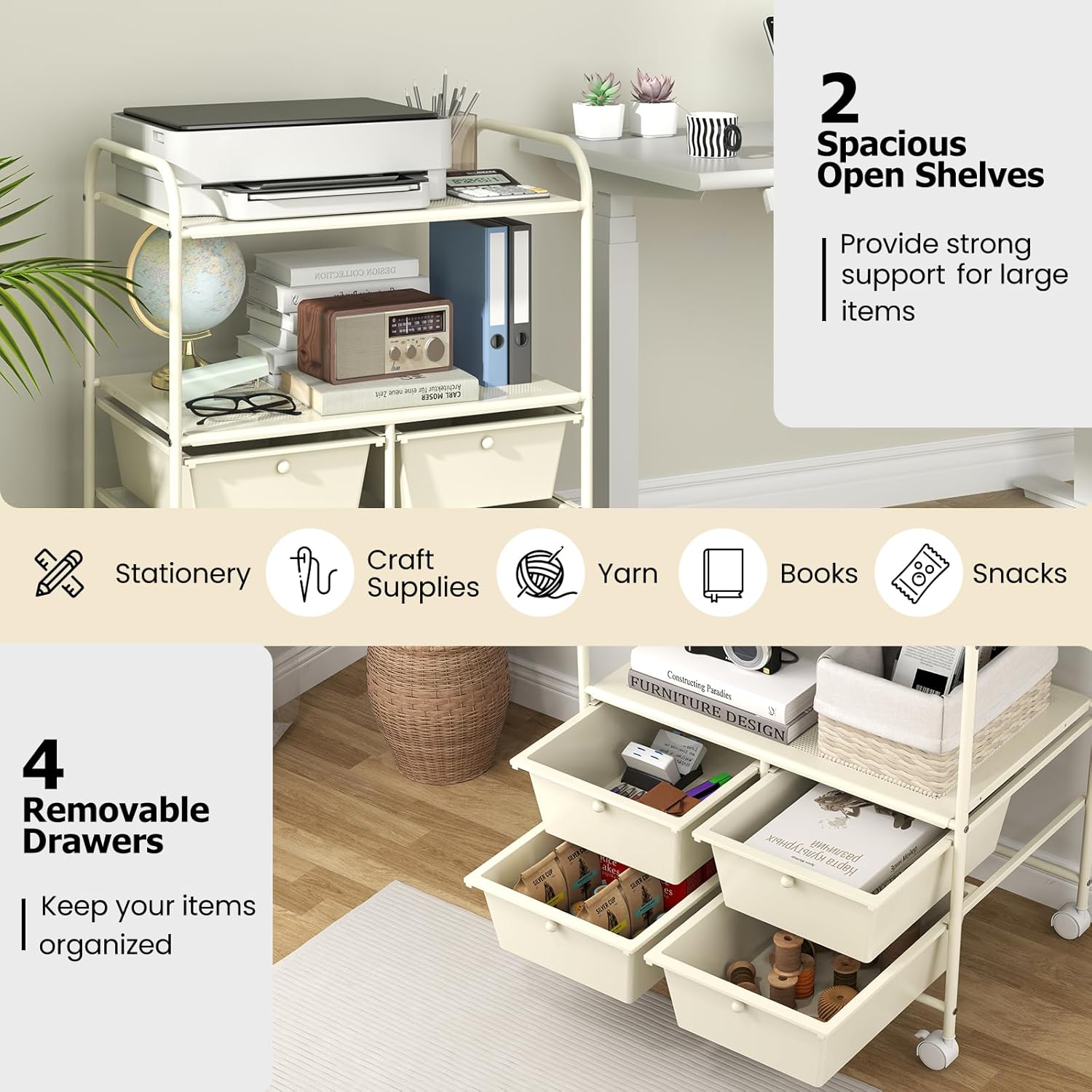 RELAX4LIFE Rolling Storage Cart with 4 Drawers - Utility Cart on Wheels w/2 Shelves & Metal Frame, Paper Scrapbook File Organizer for Home Office School Classroom, Movable Art Craft Cart (White)