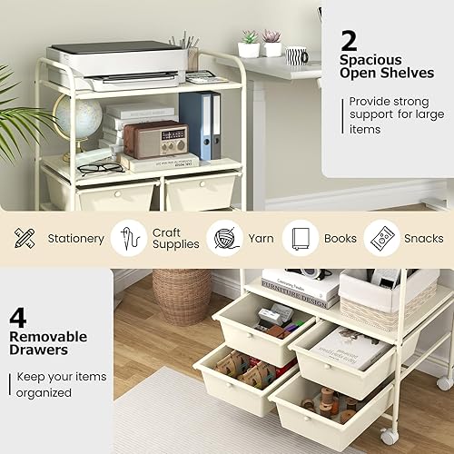 Miniatura 31 de RELAX4LIFE Carrito de almacenamiento rodante con 4 cajones, carrito utilitario con ruedas con 2 estantes y marco de metal, organizador de archivos