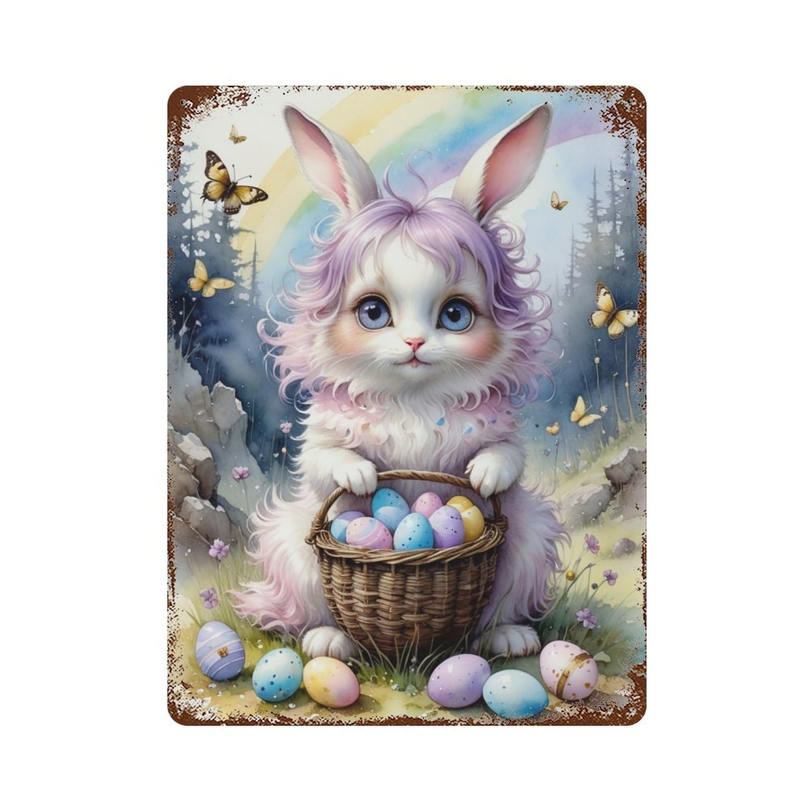 Easter Bunny with Basket of Eggs Rustic Tin Plaque 15.7"x11.8", Industrial Home Decor for Pub, Kitchen And Man Cave Decor