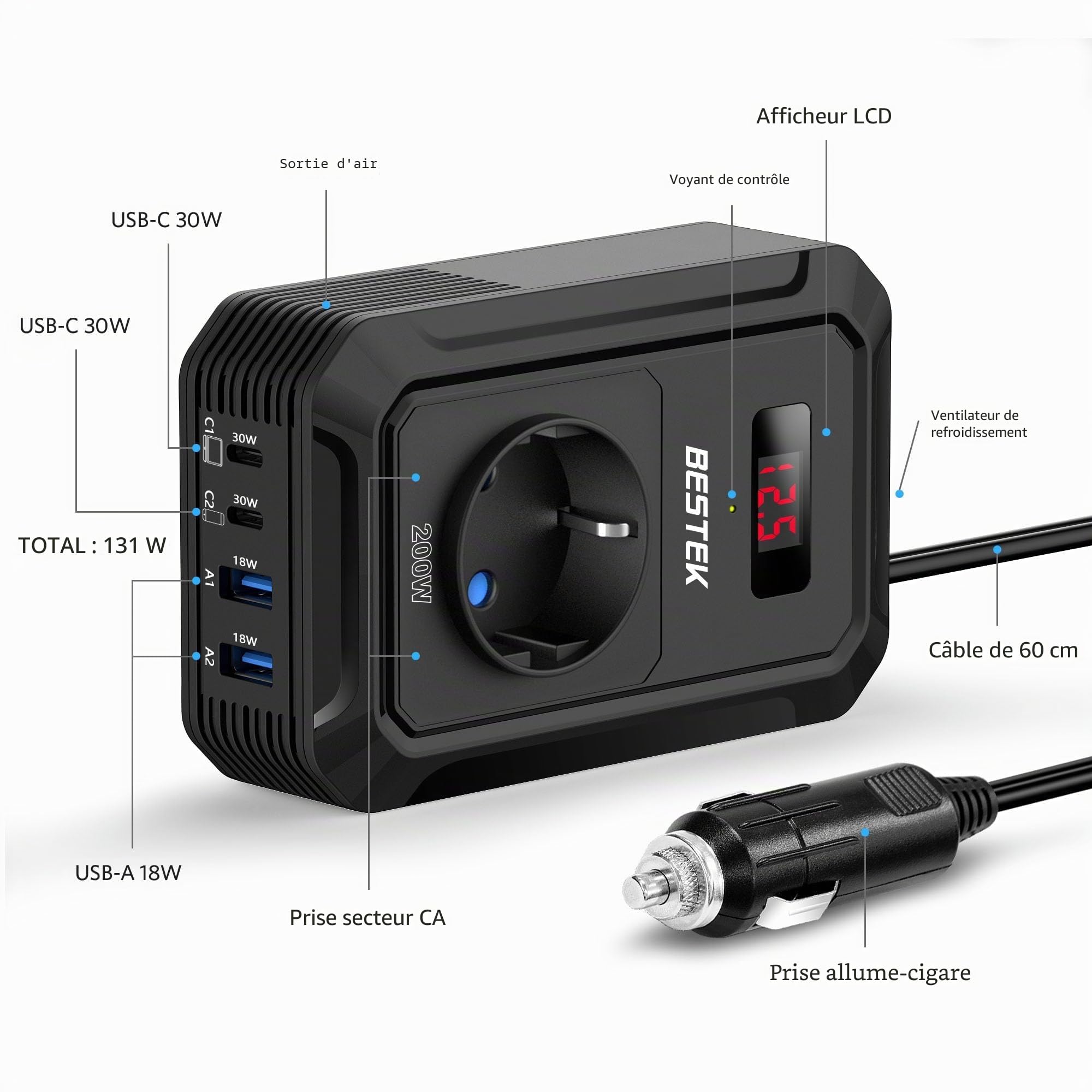 BESTEK Convertisseur 12V vers 220V/230V/240V 200W avec Prise Allume-Cigare, 4 Ports USB et 1 Prise EU. Idéal pour Voiture et Camping, Multi-Protections. Design Noir Compact et performant Onduleur