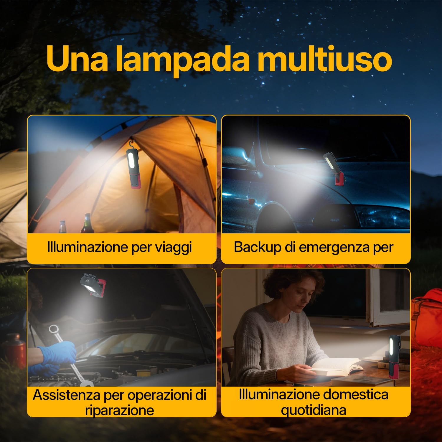 Luce da Lavoro LED Ricaricabile 2 Pezzi, Lampada da Officina Magnetica con Gancio, Rotazione 360° e 4 Modalità, Torcia Ispezione USB-C con Indicatore Batteria per Riparazione Auto, Fai da Te, Camping
